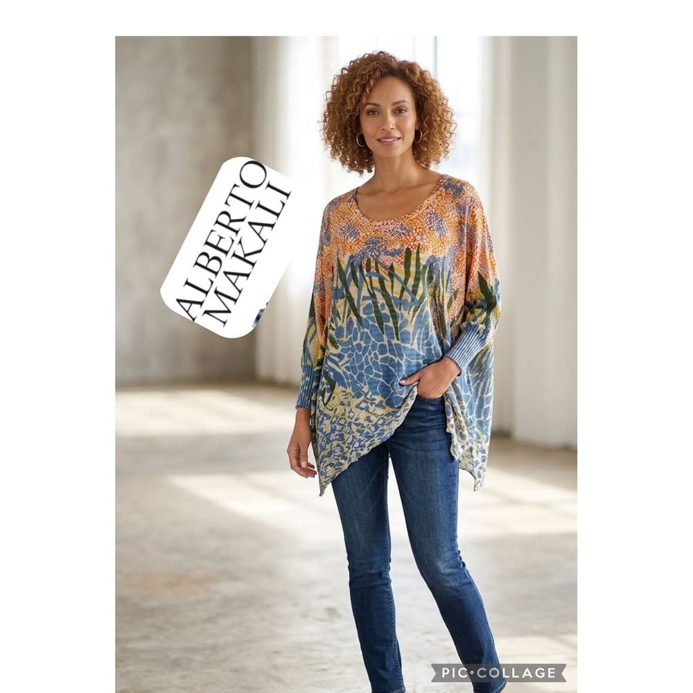 Alberto Makali Multi Color Abstract Print Knit Tunic Oversized Dolman Sweater L